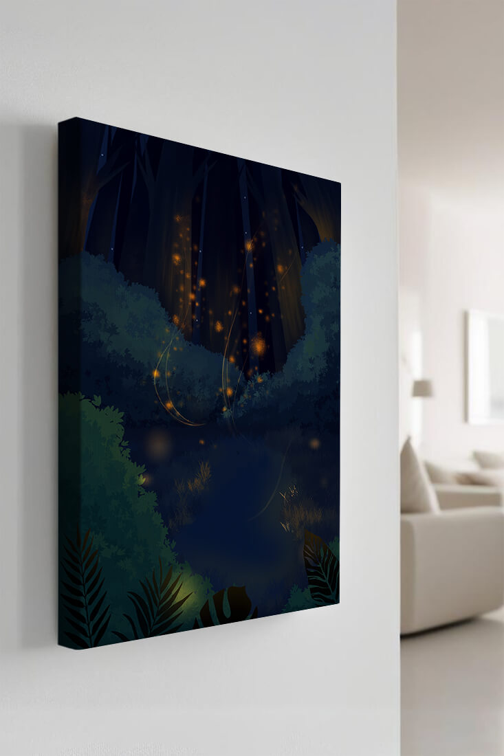 Enchanted night forest with glowing fireflies and dense foliage