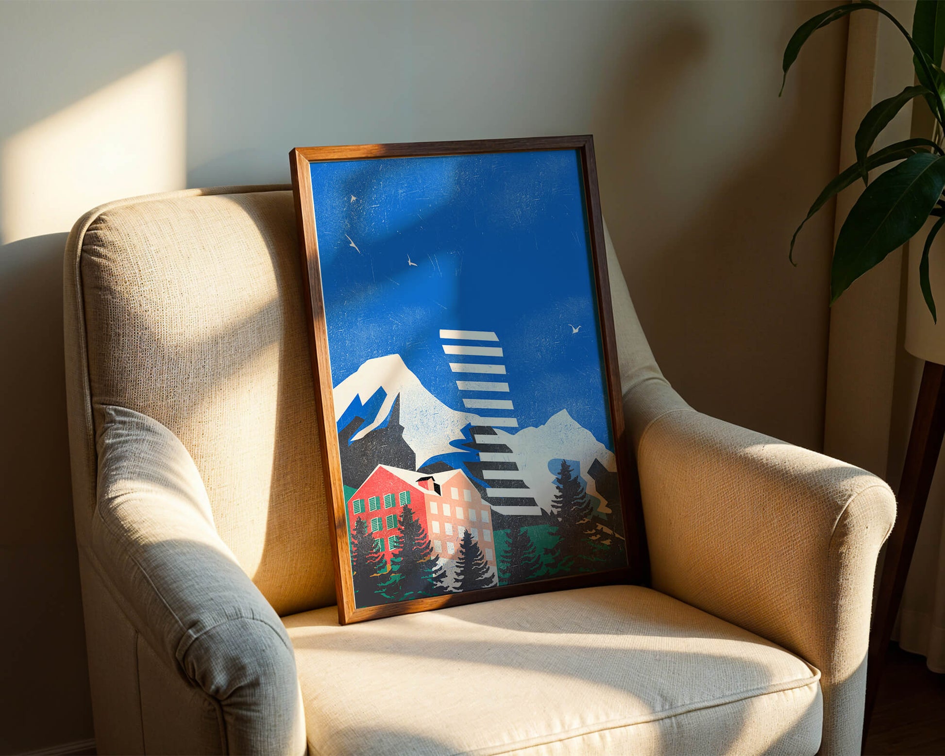 Mountain Resort in a Vibrant Landscape with Blue Sky and Birds