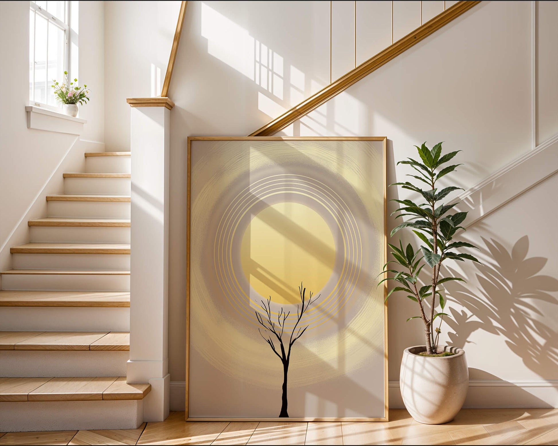 Silueta estilizada de un árbol con círculos concéntricos y un sol grande