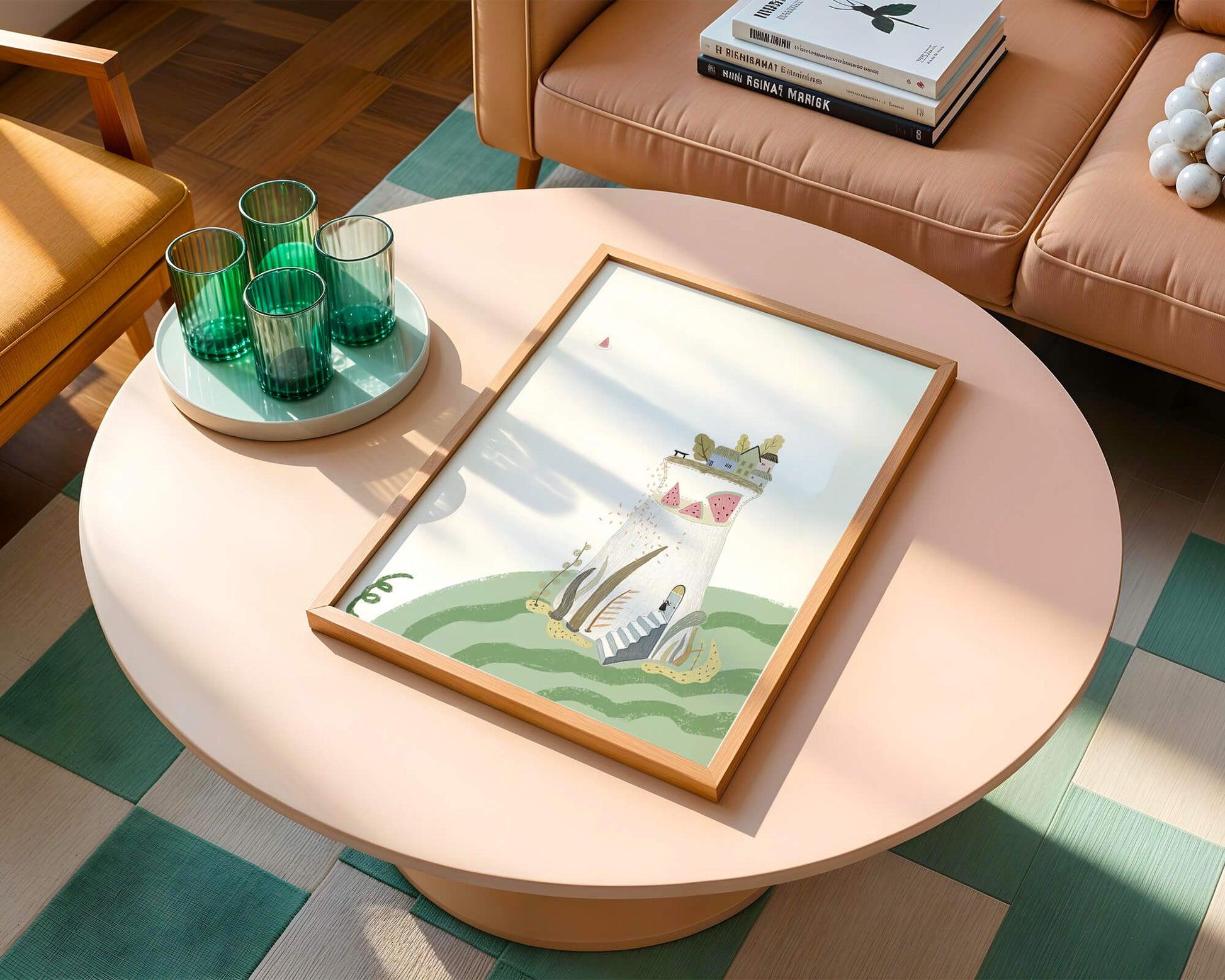 Whimsical Landscape with Fantasy Village and Watermelon Elements