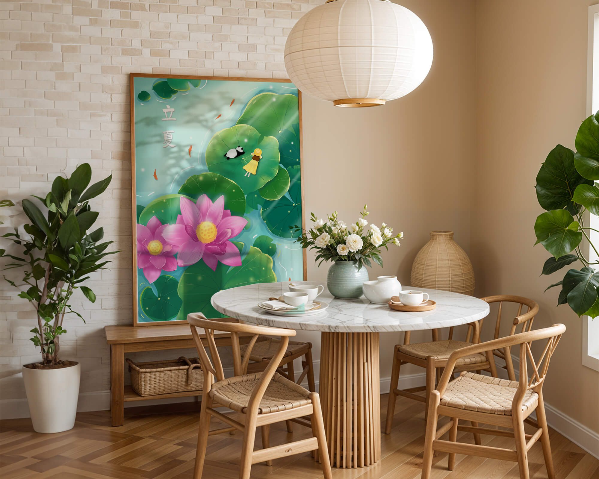 Girl and Panda Relaxing on Lily Pads with Pink Lotus and Goldfish