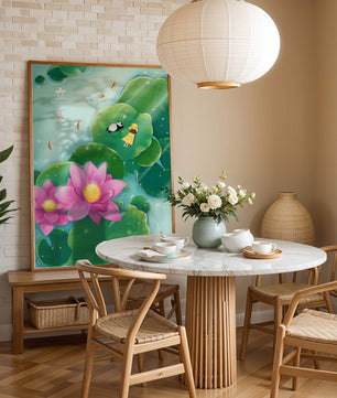 Girl and Panda Relaxing on Lily Pads with Pink Lotus and Goldfish