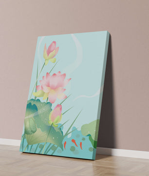 Loteo de flores de loto ilustrativas con hojas y peces koi en un estanque sereno