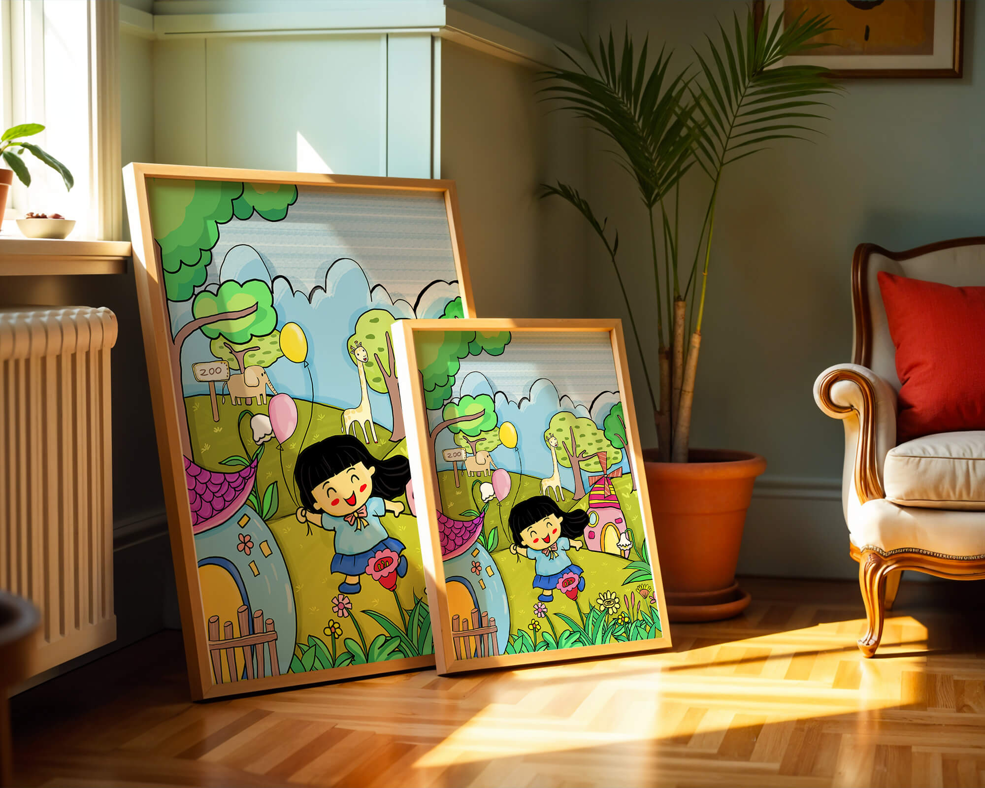 Colorful children's illustration of a joyful zoo visit with animals