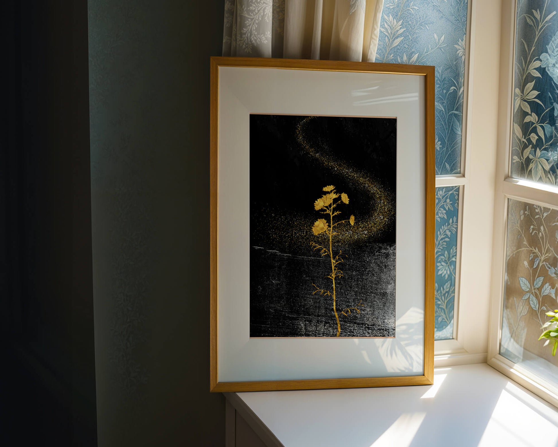 Golden Flowers on Black Background with Sparkling Dust