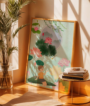 Serene illustration of a child in a lotus garden with vibrant flora