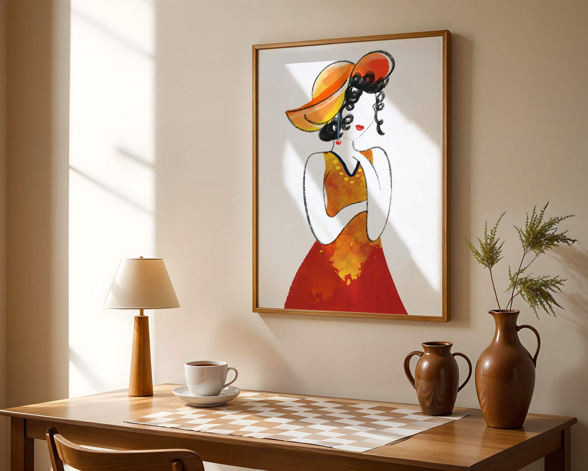 Elegant woman in a vibrant hat and dress illustration