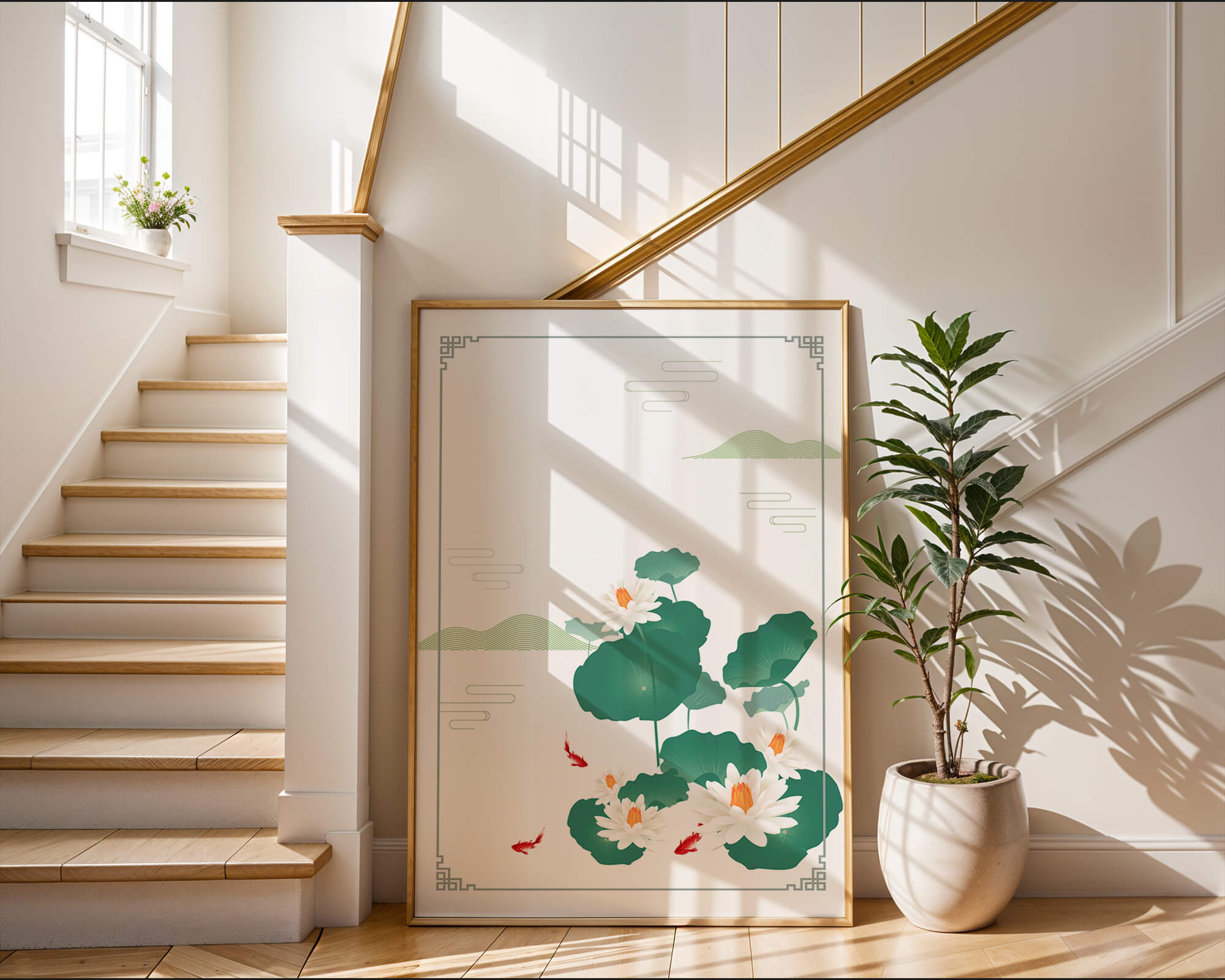 Elegant lotus and koi fish illustration with oriental design elements