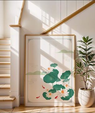 Elegante Lotus- und Koi-Fisch-Illustration mit orientalischen Designelementen