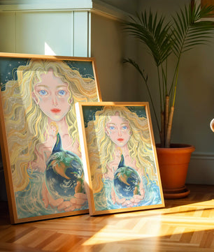 Fantasy artwork of woman holding earth with shimmering details
