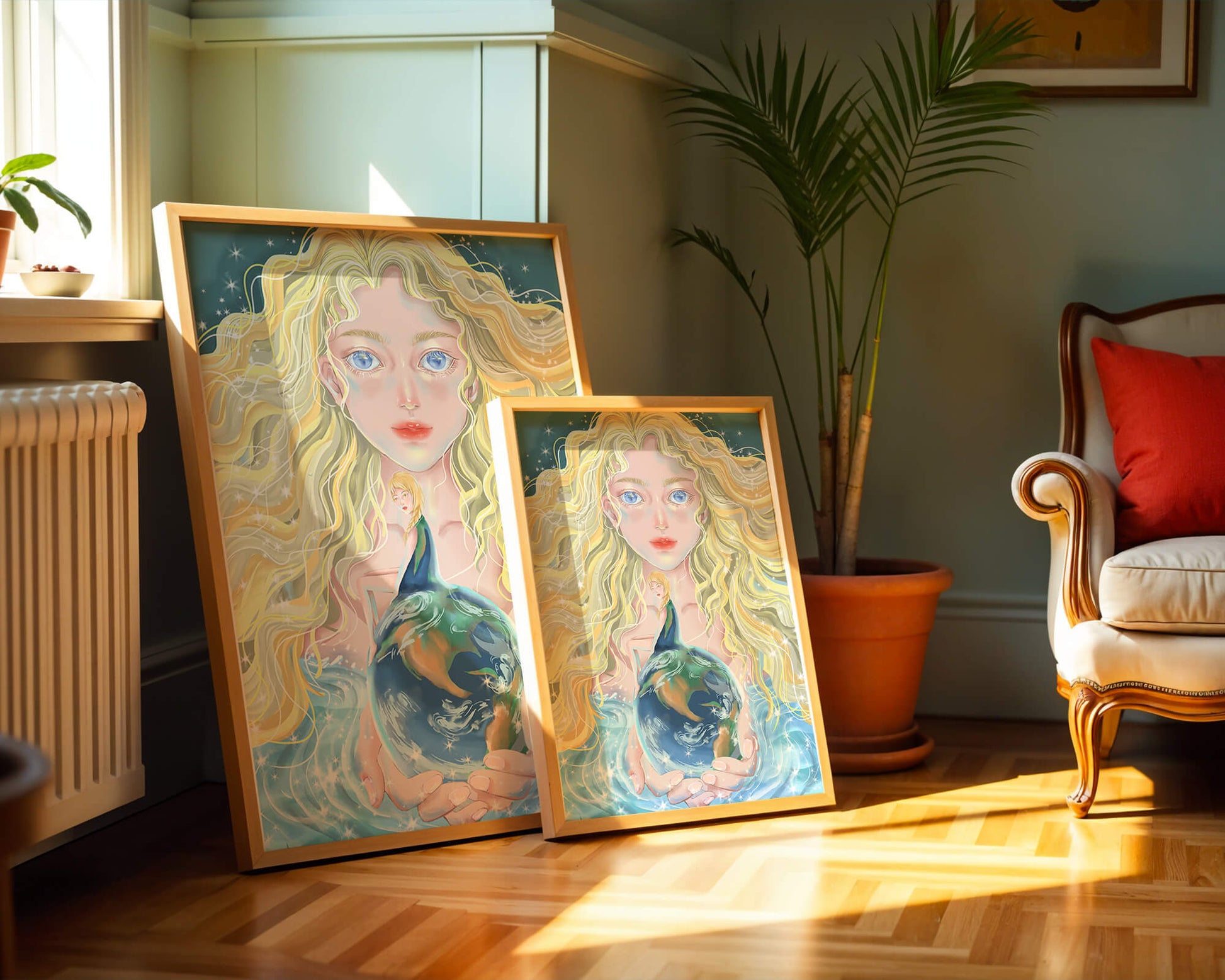 Fantasy artwork of woman holding earth with shimmering details