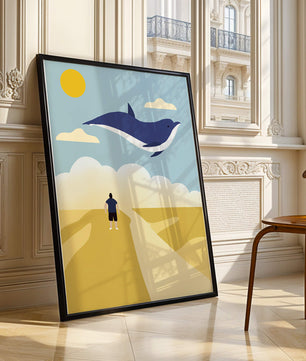 Surreal Landscape with Flying Blue Whale and Human on Desert Path