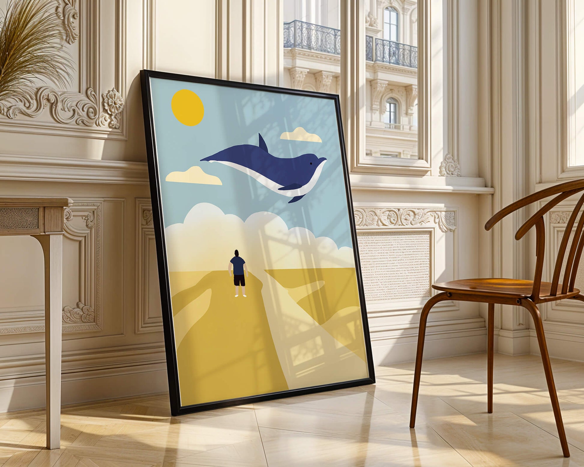 Paisaje surrealista con ballena azul voladora y humano en camino desértico