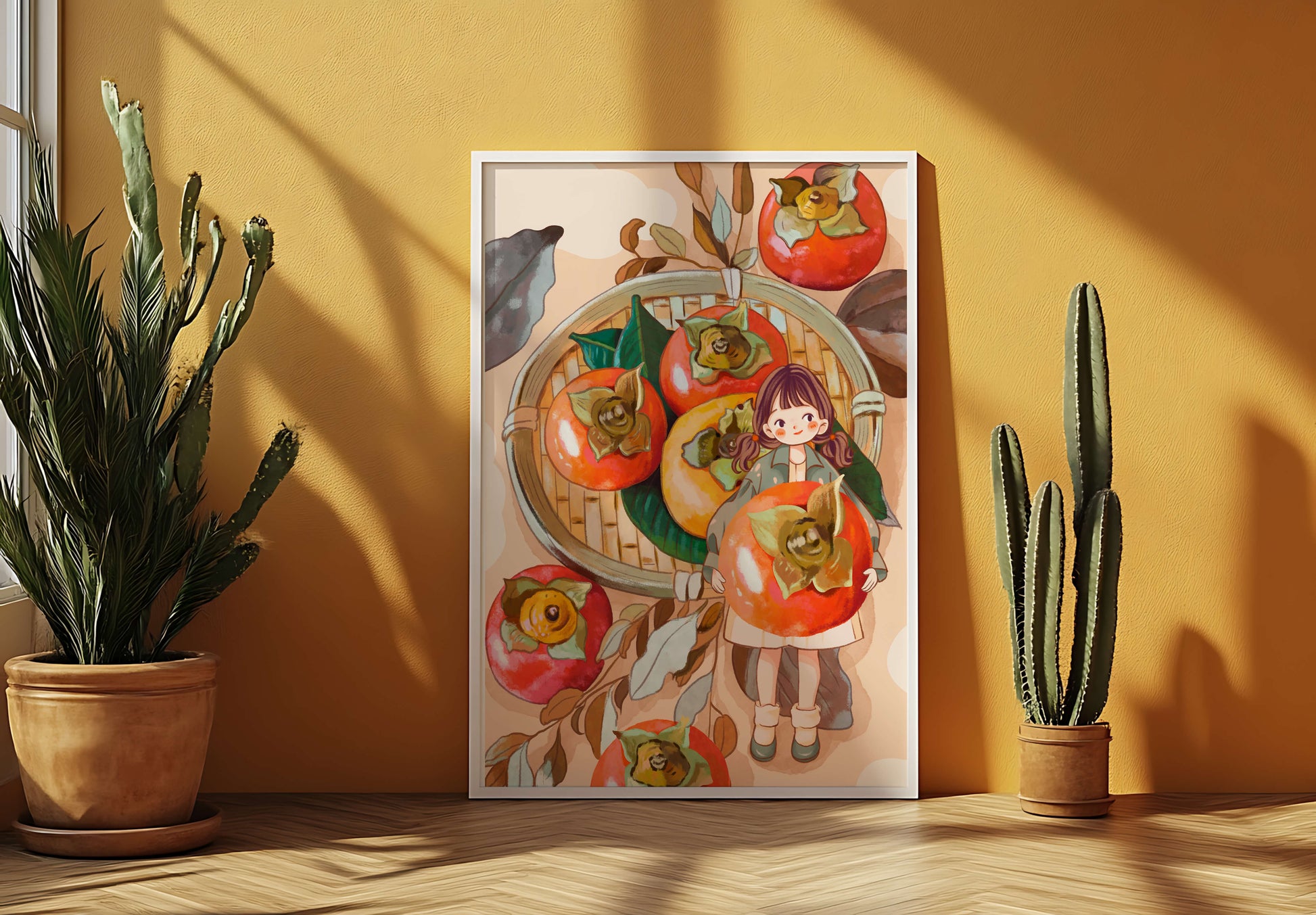 Joven sosteniendo un dátil en una escena de cosecha caprichosa