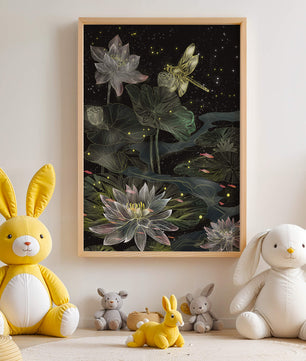 Lotus Flowers and Dragonfly in Nighttime Pond