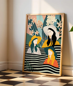 Illustration abstraite colorée de trois femmes avec des éléments floraux et botaniques