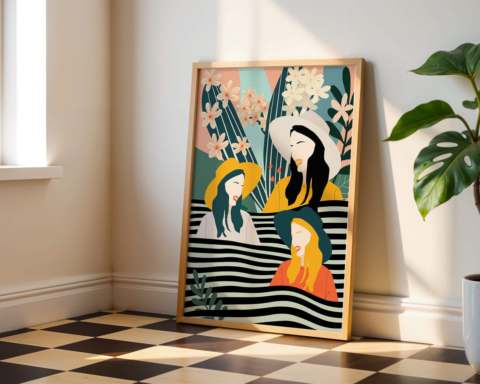 Illustration abstraite colorée de trois femmes avec des éléments floraux et botaniques