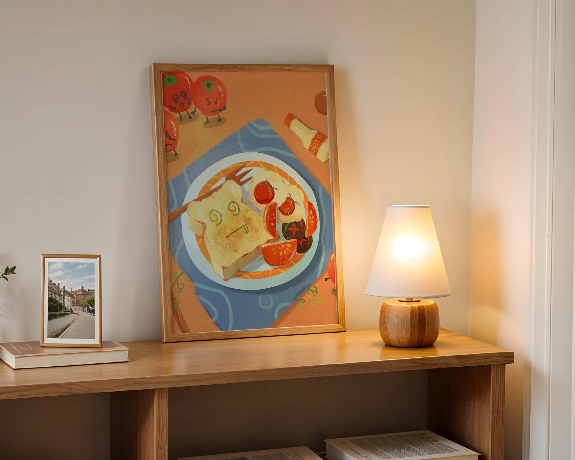 Desayuno caprichoso con tomates animados y tostadas en un plato brillante