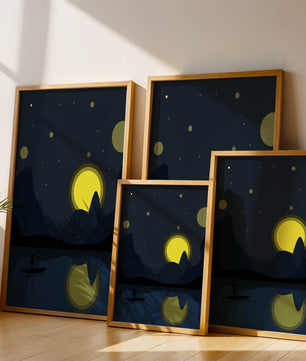 Paisaje nocturno sereno con río iluminado por la luna y bote silueteado