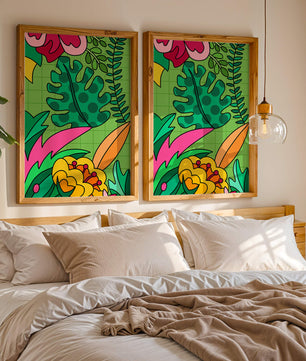 Colorful botanical illustration with vibrant tropical elements