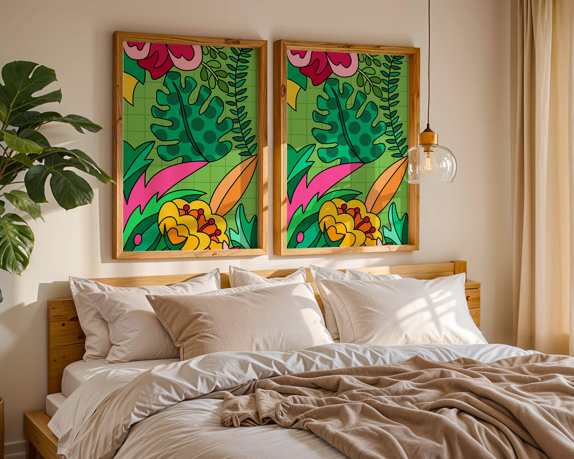 Colorful botanical illustration with vibrant tropical elements