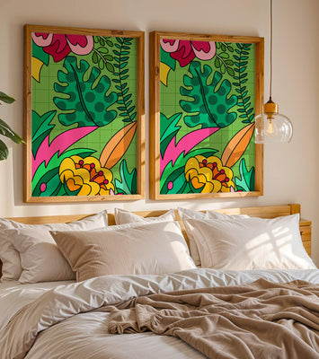 Colorful botanical illustration with vibrant tropical elements
