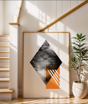 Abstract Geometric Composition with Orange Triangle and Cloudy Pattern - Mi tienda