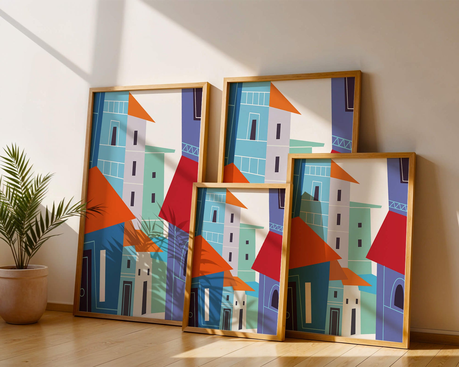 Colorful abstract cityscape with geometric buildings