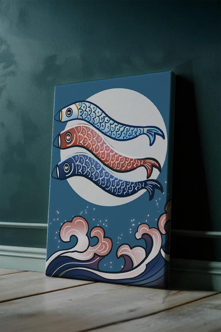 Colorful koi fish kites against a full moon with ocean waves