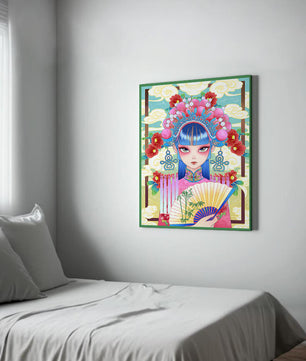 Ilustración elegante inspirada en el arte asiático con tocado elaborado y motivos florales