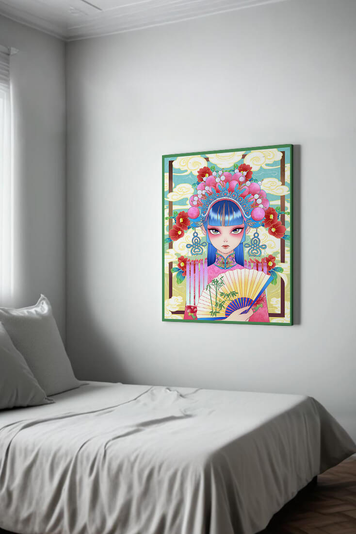 Ilustración elegante inspirada en el arte asiático con tocado elaborado y motivos florales