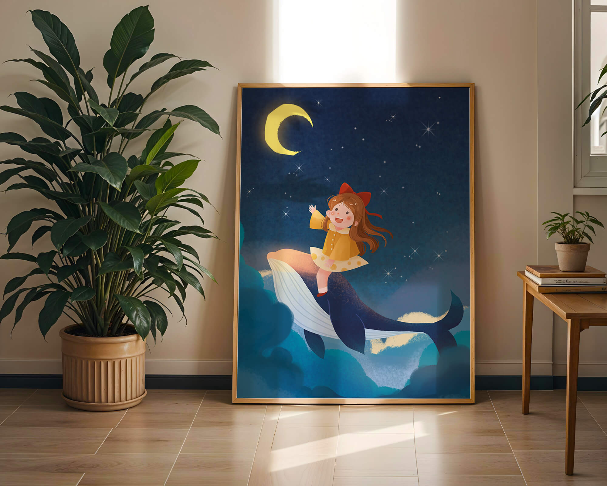 Girl on a whale under starry night sky