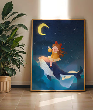 Girl on a whale under starry night sky