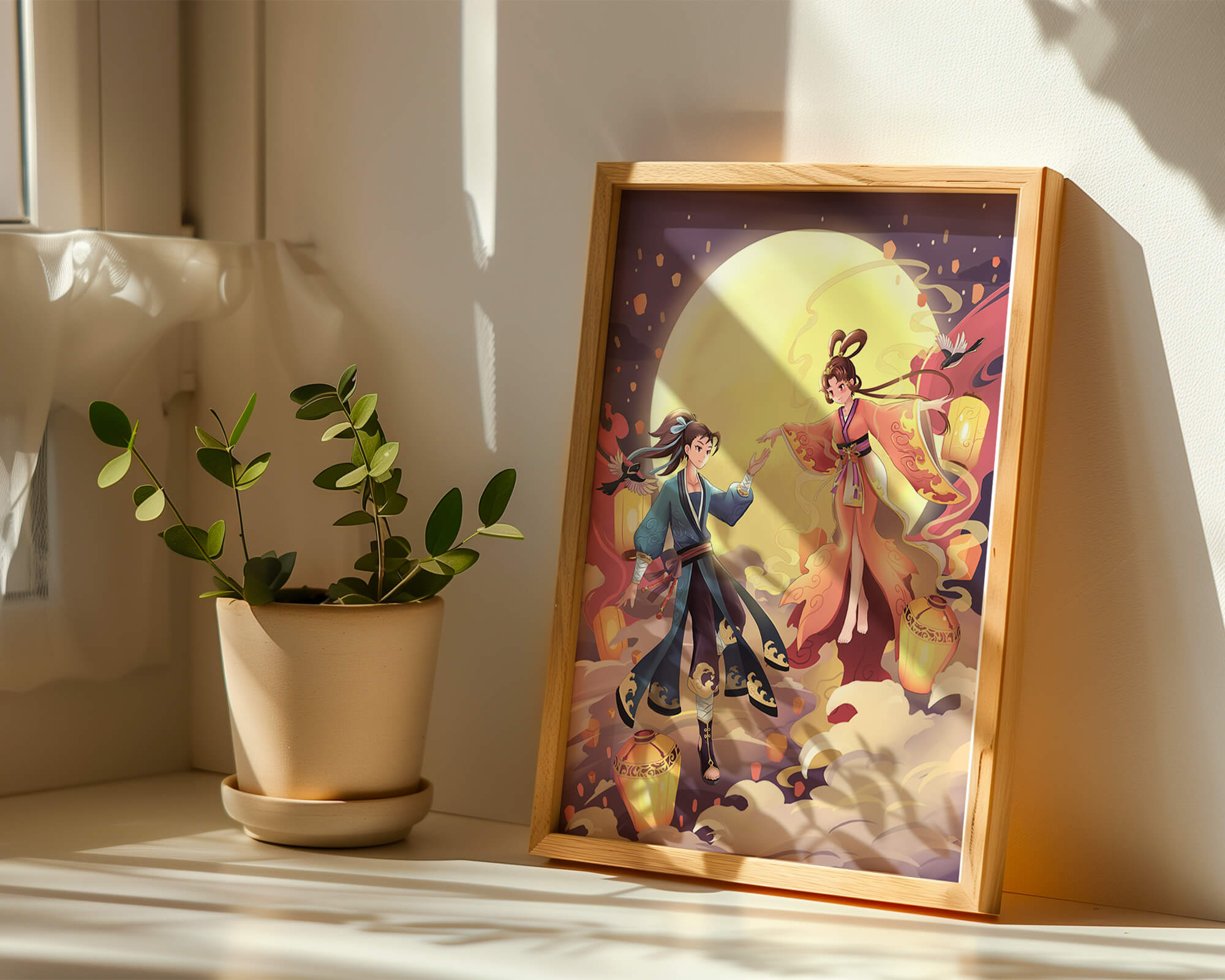 Elegant moonlit fantasy scene with traditional attire