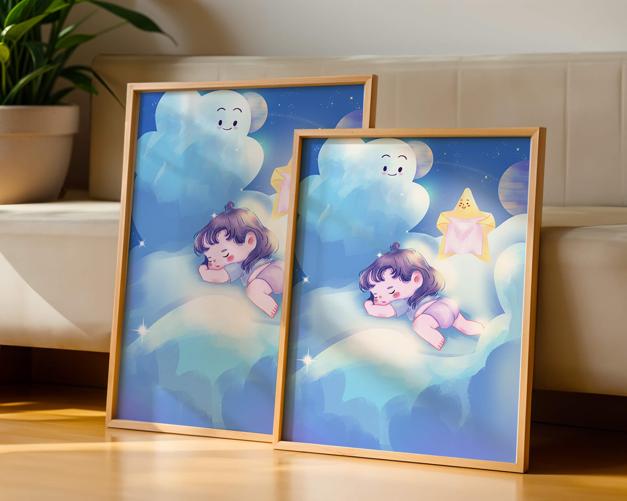 Dreamy illustration of sleeping child on clouds with smiling cloud and star