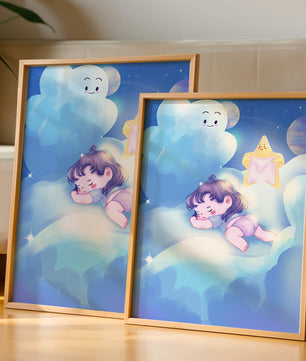 Dreamy illustration of sleeping child on clouds with smiling cloud and star