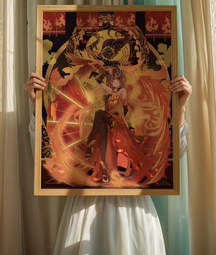 Art fantastique d'une fille avec un phénix majestueux aux couleurs flamboyantes