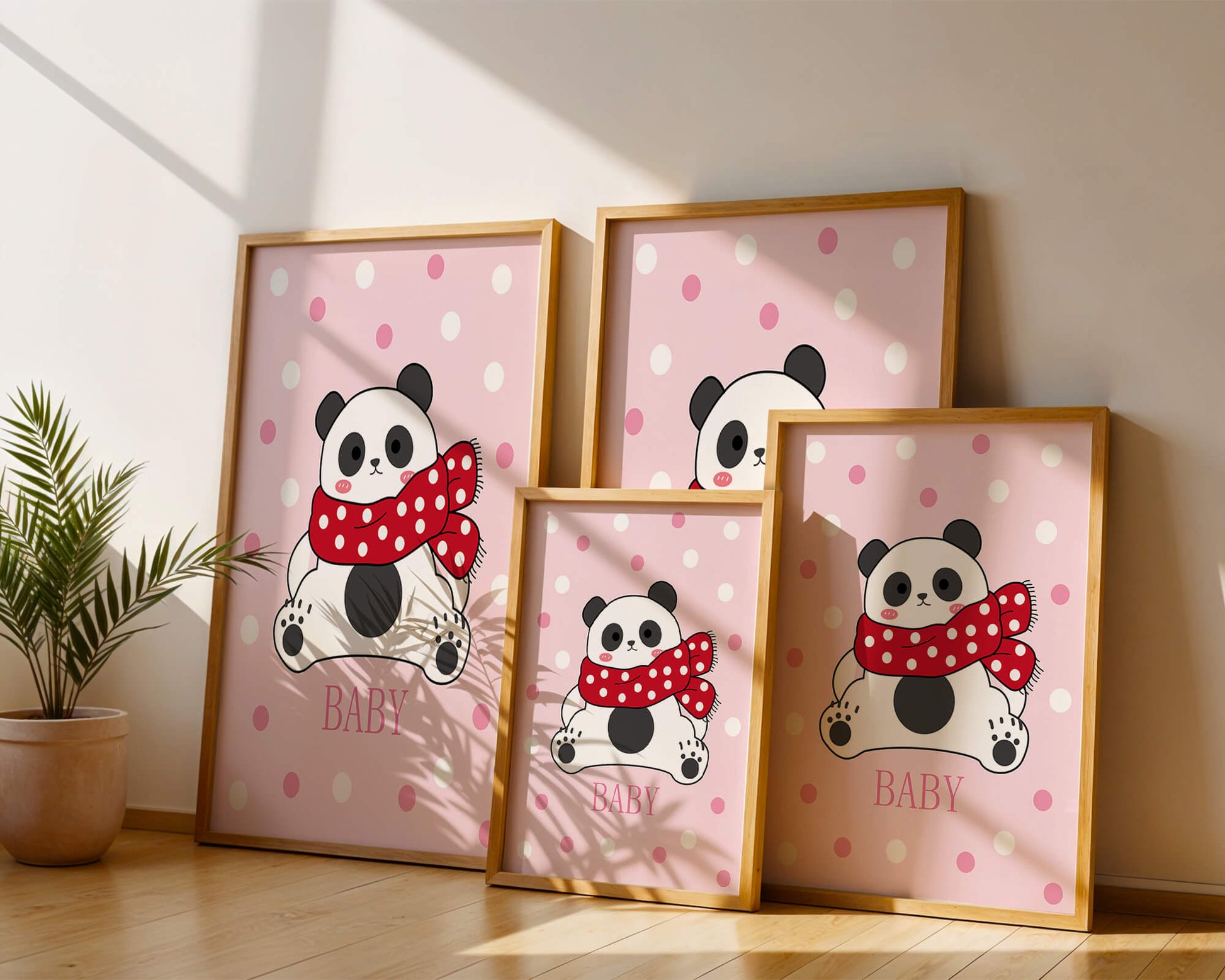 Cartoon panda with red scarf on pink polka dot background