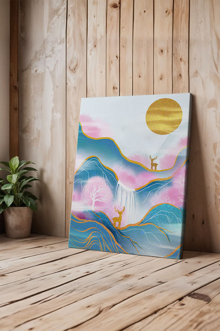 Golden deer in a pastel mountain landscape with pink skies