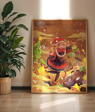 Festive anime character surrounded by gifts and holiday decor