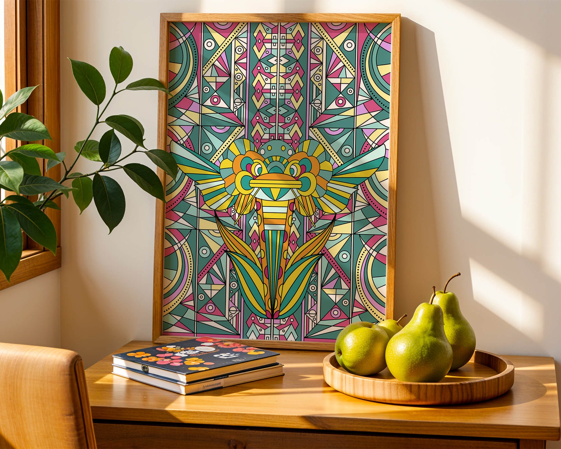 Elefante geométrico colorido con patrones abstractos