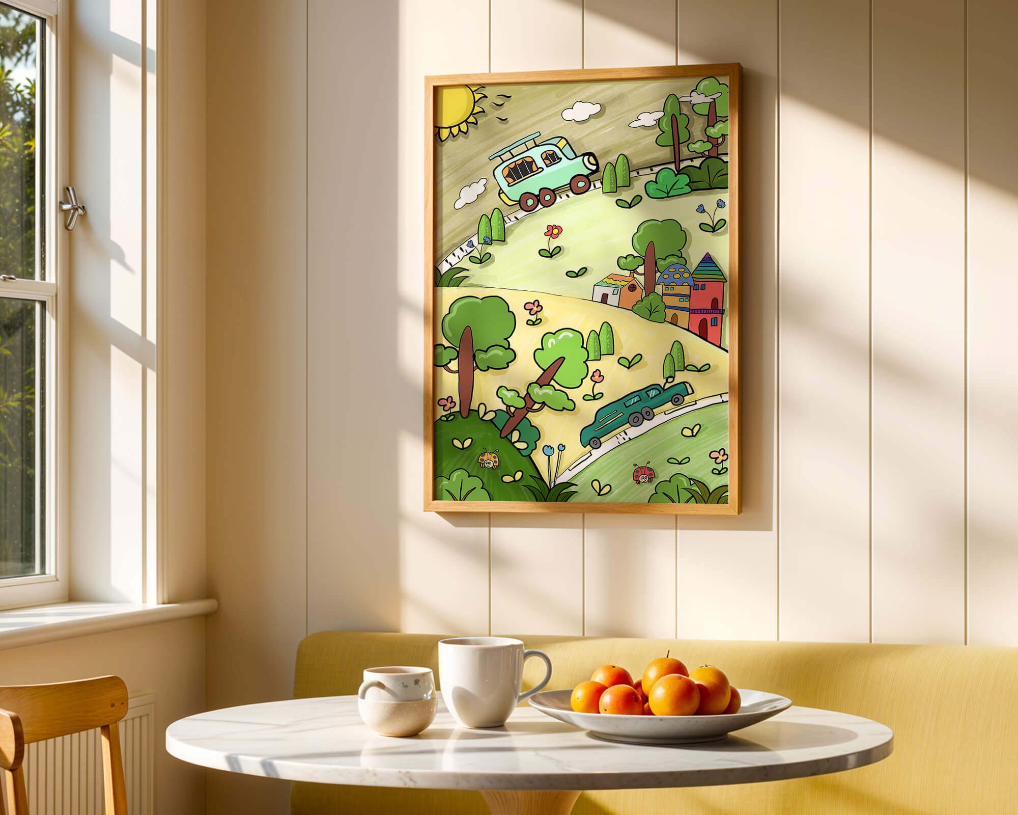 Colorful cartoon landscape with vehicles and nature scene