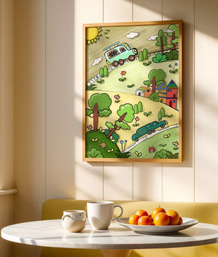 Colorful cartoon landscape with vehicles and nature scene