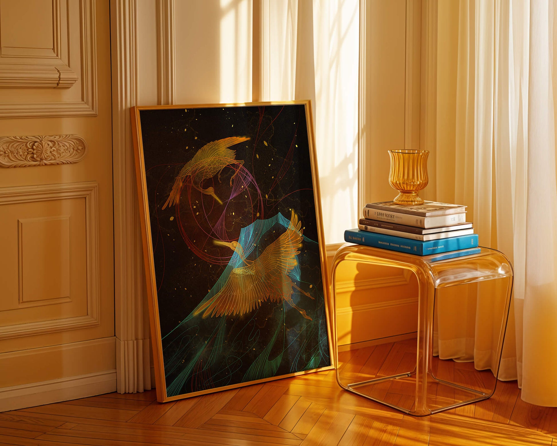 Elegant Cranes in Cosmic Dance with Golden and Blue Accents