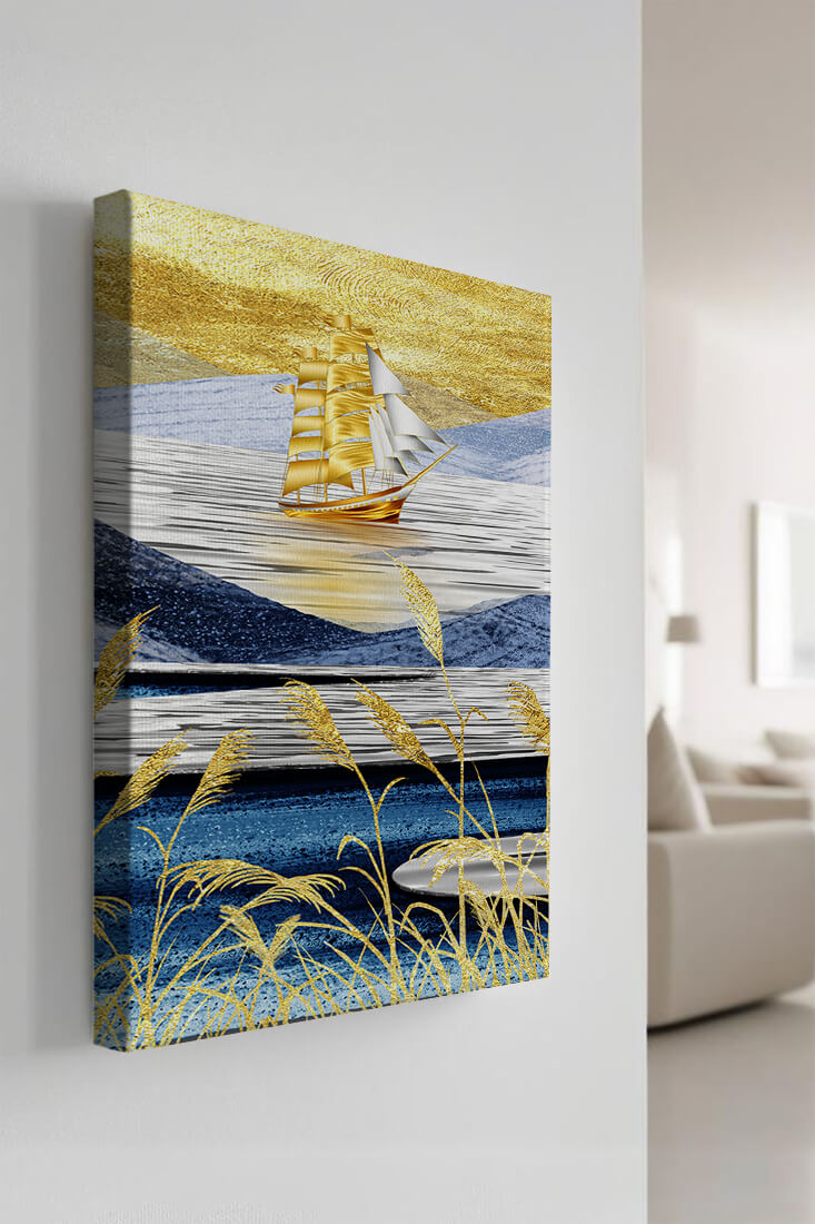 Golden Sailboat on Blue and Gold Landscape
