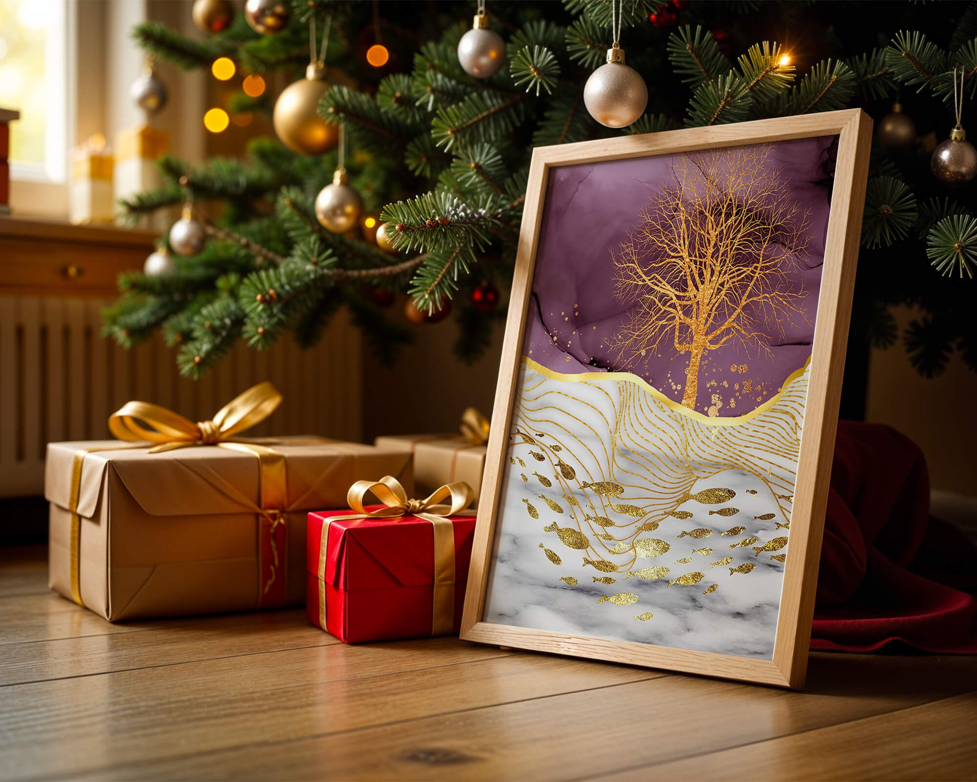 Abstract Tree with Gold Fish on Marble Background
