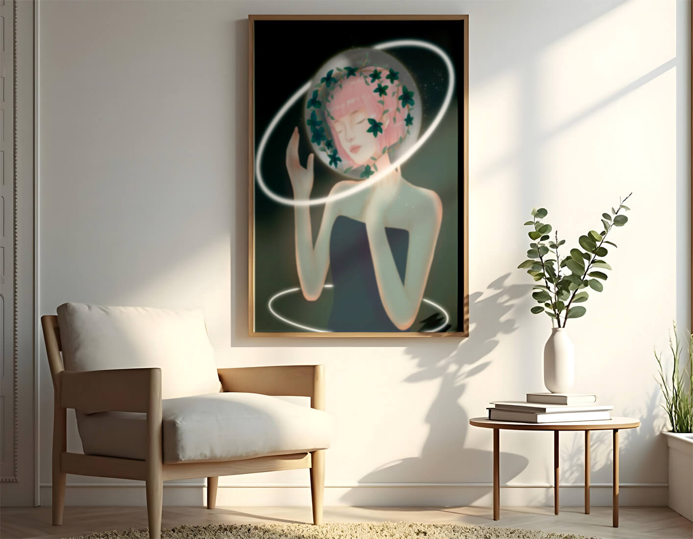 Dreamlike fantasy portrait with ethereal pink-haired figure