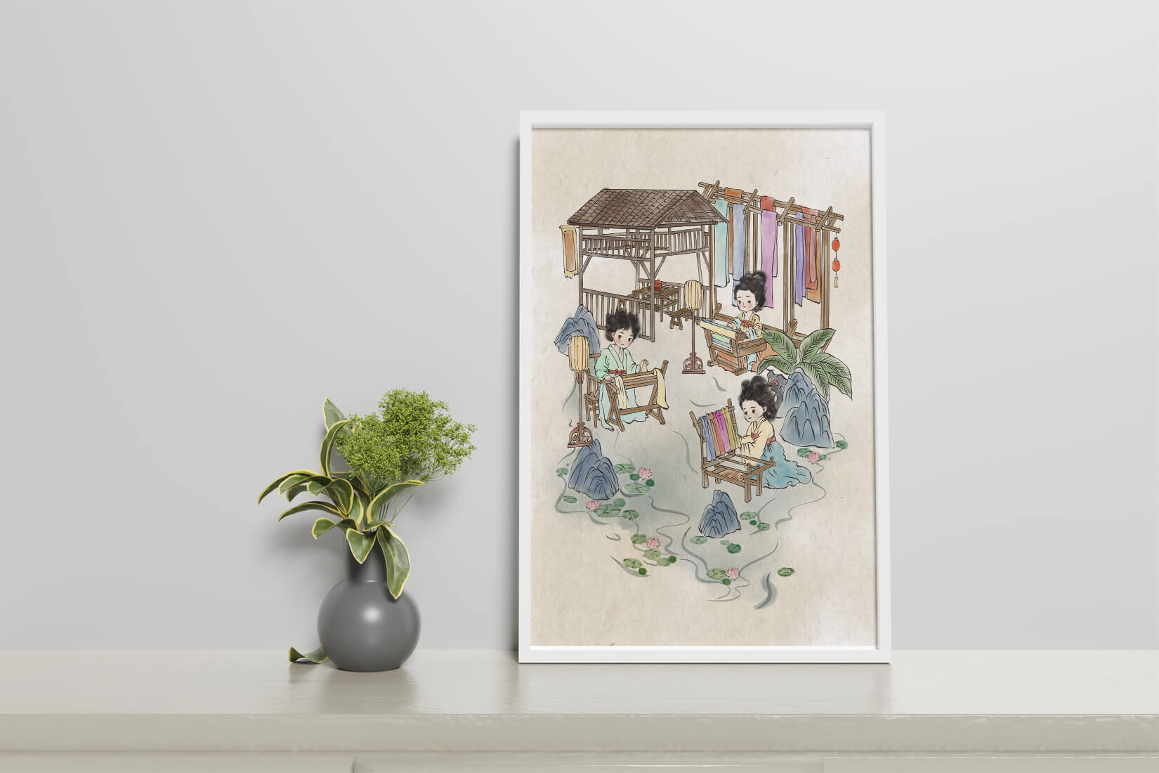 Charming illustration of traditional textile crafts in a serene setting