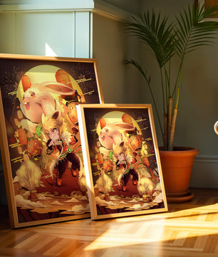 Fantasy scene with rabbit and character amid fireworks and lanterns