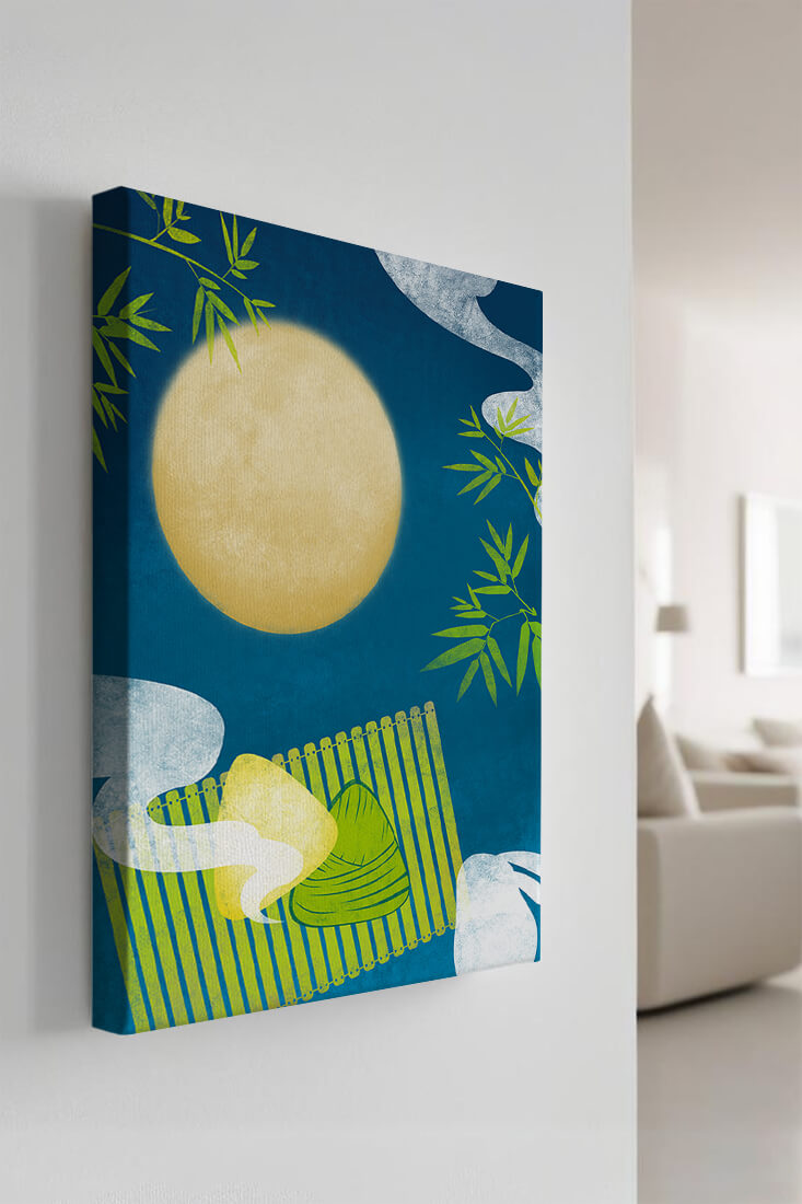 Moonlit night with bamboo and dumplings on a mat